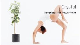  Presentation with flexible - Theme having attractive african american flexible woman doing backbend yoga pose near small tree in pot over white background background and a sky blue colored foreground