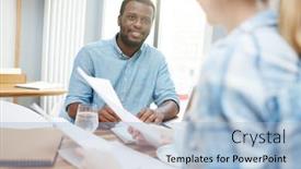  Presentation with crop - Slides with attractive african-american man smiling and looking at crop female colleague while working with papers in office together background and a light blue colored foreground