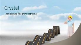  Presentation with bumpy road - PPT theme featuring attractive architect yelling against bumpy road backdrop background and a sky blue colored foreground