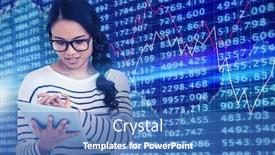  Presentation with shares - Presentation theme having attractive asian woman using tablet against stocks and shares background and a teal colored foreground