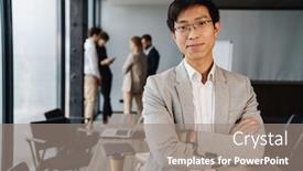  Presentation with young business woman smile show - Colorful slide set enhanced with attractive-asian-young-smiling-businessman backdrop and a gray colored foreground