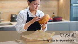  Presentation with checks - Presentation theme having attractive-baker-girl-checks-bread background and a coral colored foreground