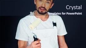  Presentation with paint roller - Presentation enhanced with attractive bearded young painter in dungaress standing looking at the camera holding up a white paint roller on a dark background background and a wine colored foreground