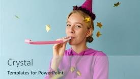  Presentation with whistle - Slide deck with attractive-beautiful-woman-blowing-party background and a sky blue colored foreground