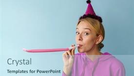  Presentation with whistle - Colorful PPT theme enhanced with attractive-beautiful-woman-blowing-party backdrop and a sky blue colored foreground