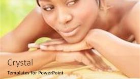  Presentation with hair spa - Beautiful presentation theme featuring attractive black woman relaxed on luxury spa resort lying down on massage table with frangipani flower in hair on the beach in sunny day healthcare concept backdrop and a coral colored foreground