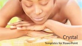  Presentation with day spa - Audience pleasing theme consisting of attractive black woman relaxed on luxury spa resort lying down on massage table with closed eyes on the beach in sunny day healthcare concept backdrop and a lemonade colored foreground