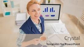  Presentation with high tea - Colorful presentation theme enhanced with attractive blond-haired designer looking away with charming smile while enjoying herbal tea in spacious office high angle view backdrop and a soft green colored foreground