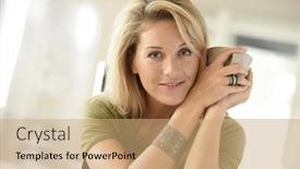  Presentation with hot tea - PPT theme having attractive-blond-middle-aged-woman background and a coral colored foreground