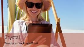  Presentation with sun blue sky and ocean - Presentation theme enhanced with attractive-blonde-caucasian-woman-enjoying background and a red colored foreground