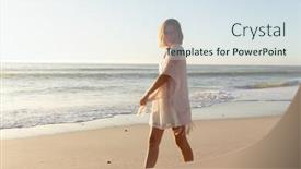  Presentation with tropical beach sunset - Beautiful presentation theme featuring attractive-blonde-caucasian-woman-enjoying backdrop and a sky blue colored foreground