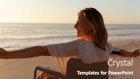  Presentation with tropical beach sunset - Presentation theme having attractive-blonde-caucasian-woman-enjoying background and a tawny brown colored foreground