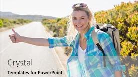  Presentation with rural road - Cool new slide set with attractive blonde hitch hiking on rural road on a sunny day backdrop and a sky blue colored foreground