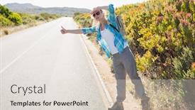  Presentation with rural road - Presentation design enhanced with attractive blonde hitch hiking on rural road on a sunny day background and a lemonade colored foreground