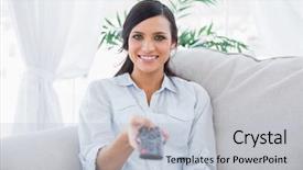  Presentation with kids room children smile - Slide deck enhanced with attractive brunette changing tv channels background and a  colored foreground