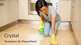  Presentation with cleaning - Colorful slide deck enhanced with attractive brunette cleaning the floor in the kitchen backdrop and a lemonade colored foreground