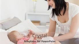  Presentation with baby bottle - Slides consisting of attractive brunette female bottle-feeding her baby on a bed in her apartment background and a soft green colored foreground