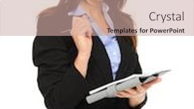  Presentation with survey - Beautiful PPT layouts featuring attractive brunette holding a clipboard while doing a survey isolated on white backdrop and a coral colored foreground