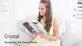  Presentation with kids room children smile - Cool new PPT theme with attractive brunette reading a magazine backdrop and a light gray colored foreground