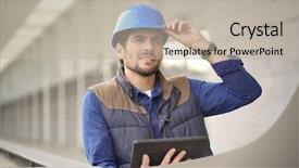  Presentation with safety building inspection - Theme with attractive building expert in hardhat background and a  colored foreground