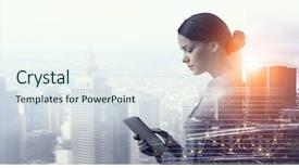  Presentation with tablet - Presentation theme featuring attractive business lady working background and a sky blue colored foreground