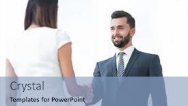  Presentation with team hands - Colorful slide deck enhanced with attractive business man and woman team shaking hands backdrop and a light blue colored foreground