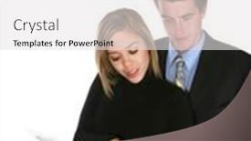  Presentation with team meeting - Cool new PPT theme with attractive-business-team-reviewing backdrop and a white colored foreground