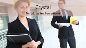  Presentation with building team - Colorful presentation theme enhanced with attractive business team working construction backdrop and a coral colored foreground