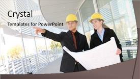  Presentation with building team - Presentation having attractive business team working construction background and a soft green colored foreground