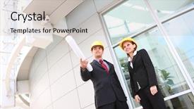  Presentation with building team - PPT theme having attractive business team working construction background and a soft green colored foreground