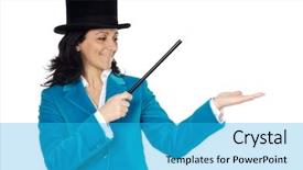  Presentation with magic wand - Cool new presentation theme with attractive business woman with a magic wand and hat a over white background backdrop and a cyan colored foreground