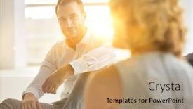  Presentation with management review meeting education - Beautiful PPT layouts featuring attractive-businessman-listening-to-businesswoman backdrop and a coral colored foreground