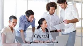  Presentation with sharing - Audience pleasing presentation theme consisting of attractive businessman sharing his work with his coworkers in the office backdrop and a light blue colored foreground