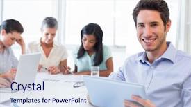  Presentation with coworkers - Cool new slide set with attractive businessman smiling at the camera while using a tablet device in the office with coworkers behind backdrop and a sky blue colored foreground