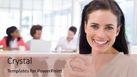  Presentation with coworkers - Presentation theme featuring attractive businesswoman drinking coffee background and a coral colored foreground