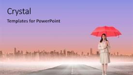  Presentation with umbrella - Amazing presentation design having attractive businesswoman holding red umbrella backdrop and a light blue colored foreground