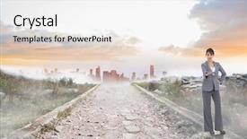  Presentation with misty - Cool new theme with attractive businesswoman holding tablet pc against stony path leading to misty city horizon backdrop and a white colored foreground