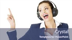  Presentation with happy music lovers - Audience pleasing PPT layouts consisting of attractive businesswoman listening the music backdrop and a  colored foreground