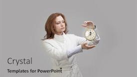  Presentation with clock - Beautiful PPT layouts featuring attractive-businesswoman-showing-clock backdrop and a light gray colored foreground