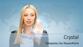  Presentation with business programming code abstract technology - Colorful slide deck enhanced with technology - attractive businesswoman touching virtual backdrop and a light blue colored foreground