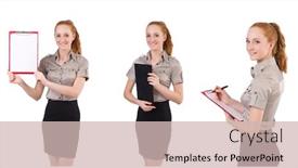  Presentation with binder - Colorful slides enhanced with attractive-businesswoman-with-binder-isolated backdrop and a soft green colored foreground