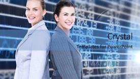  Presentation with shares - PPT theme consisting of attractive businesswomen standing back-to-back against stocks and shares background and a teal colored foreground