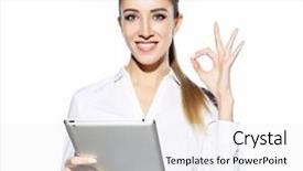  Presentation with tablet - Slide deck consisting of attractive businnes woman using tablet background and a white colored foreground