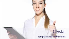  Presentation with tablet - Amazing PPT theme having attractive businnes woman using tablet backdrop and a sky blue colored foreground