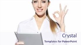  Presentation with tablet - Colorful slide deck enhanced with attractive businnes woman using tablet backdrop and a sky blue colored foreground