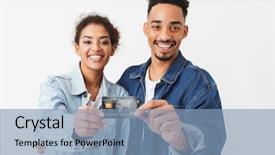  Presentation with credit card - Colorful presentation theme enhanced with attractive cards - happy african couple in denim backdrop and a light blue colored foreground