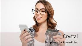  Presentation with mobile phone on car - Presentation theme enhanced with attractive cards - portrait of a smiling casual background and a mint green colored foreground