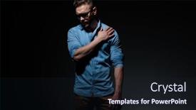  Presentation with deep blue - Theme with attractive casual man wearing blue shirt and sunglasses standing with hand on shoulder and looking down with deep look against black studio background background and a wine colored foreground