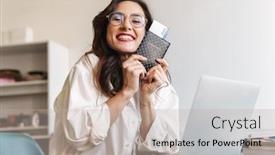  Presentation with cheerful - Slides having attractive-cheerful-young-brunette-businesswoman background and a mint green colored foreground