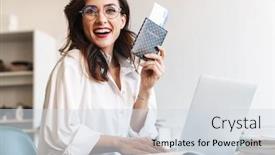  Presentation with flight - Cool new slides with attractive-cheerful-young-brunette-businesswoman backdrop and a sky blue colored foreground